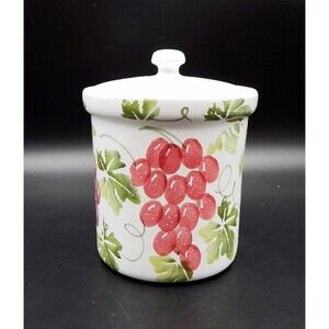 Pier 1 Imports Hand-Painted Grapes Vines Lidded Canister 7 Inch